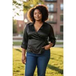 NWT Dori Women’s Top Size 2XL Black Wrap Style Long Sleeve Blouse